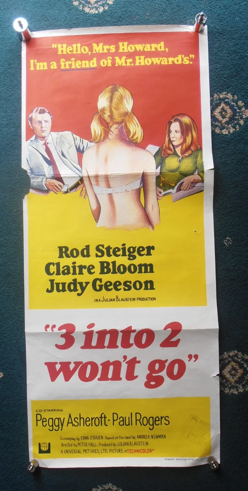 THREE INTO TWO WON'T ORIGINAL AUSTRALIAN DAYBILL ROLLED VG 1969 ROD STEIGER, image 2