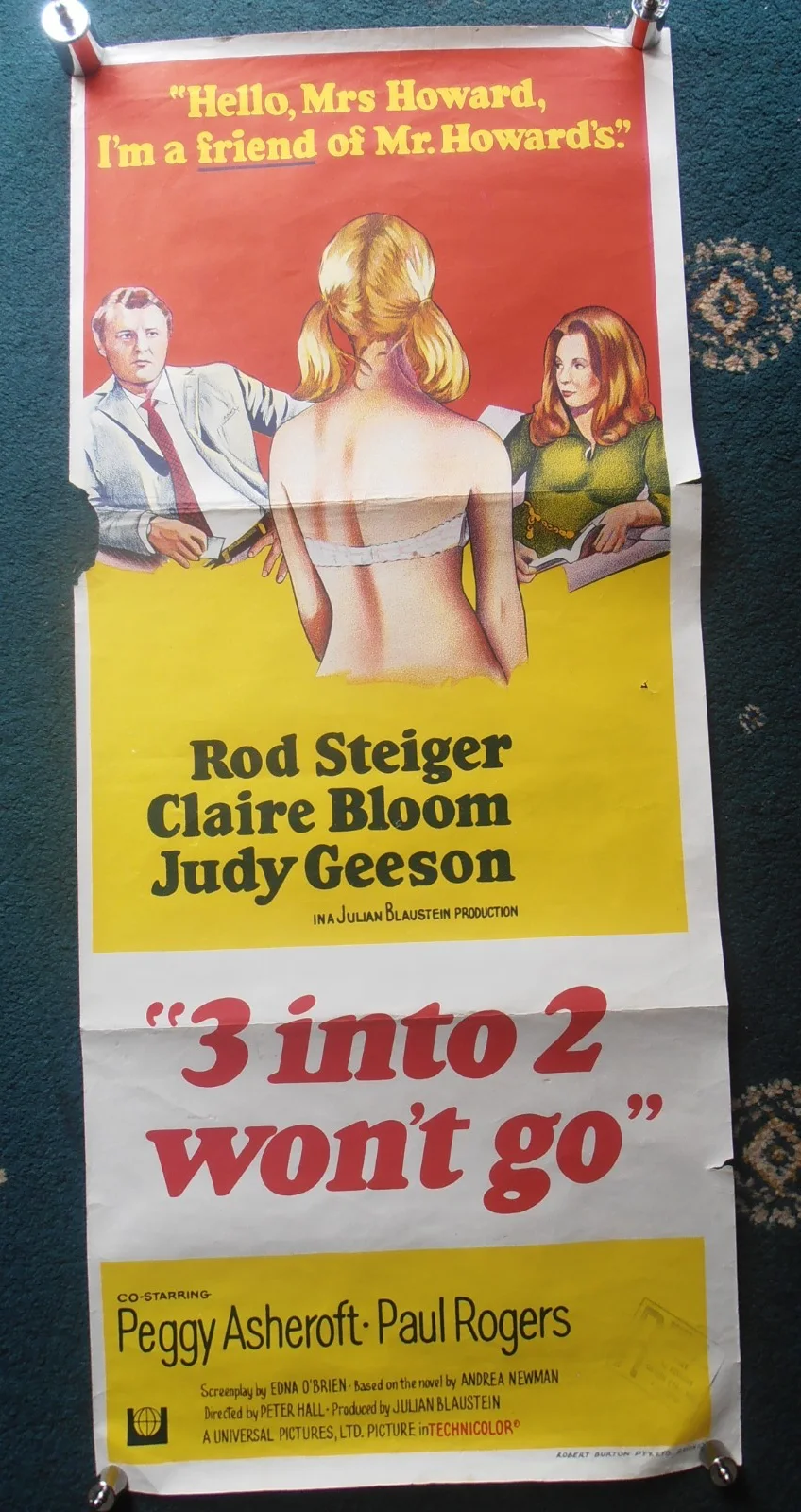 THREE INTO TWO WON'T ORIGINAL AUSTRALIAN DAYBILL ROLLED VG 1969 ROD STEIGER, image 3