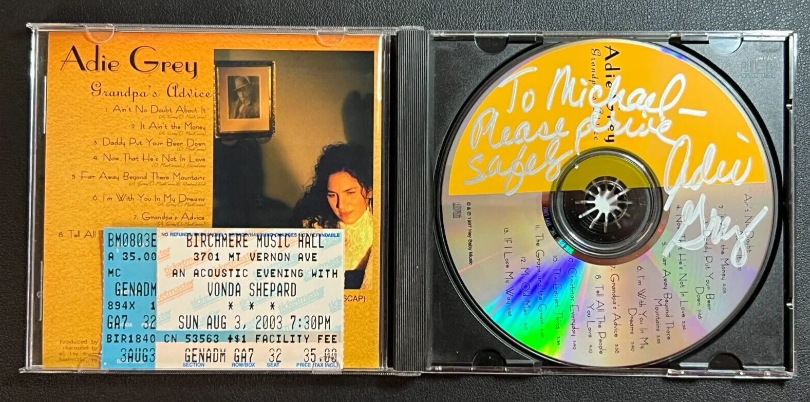 Adie Grey — Adie Grey Signed "Grandpa's Advice" CD Album 1997 VTG w/'03 Concert Ticket AUTO!, изображение 2