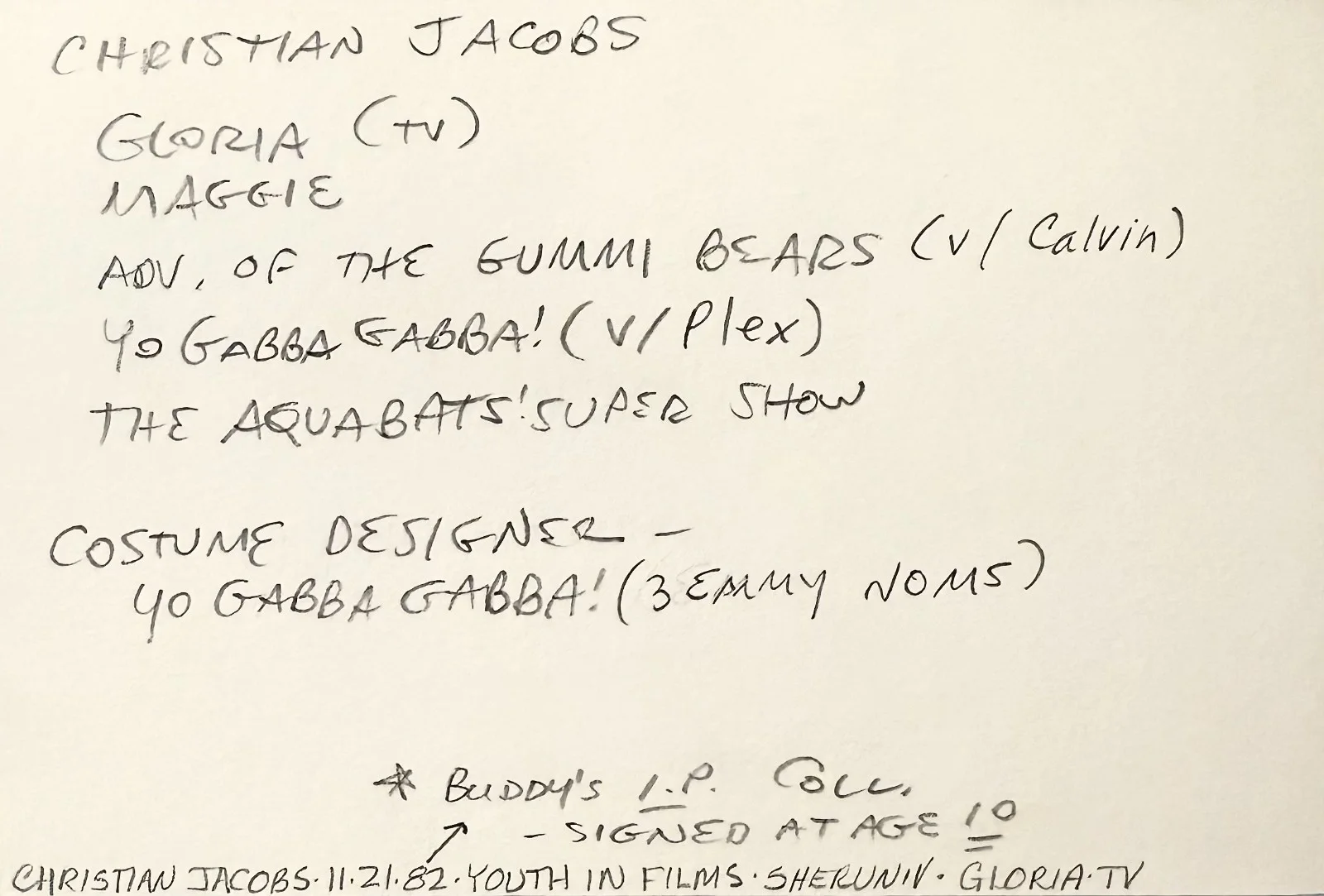 Christian Jacobs — CHRISTIAN JACOBS Autographed Signed 4x6 INDEX CARD Yo Gabba Gabba! MAGGIE AGE 10, image 2