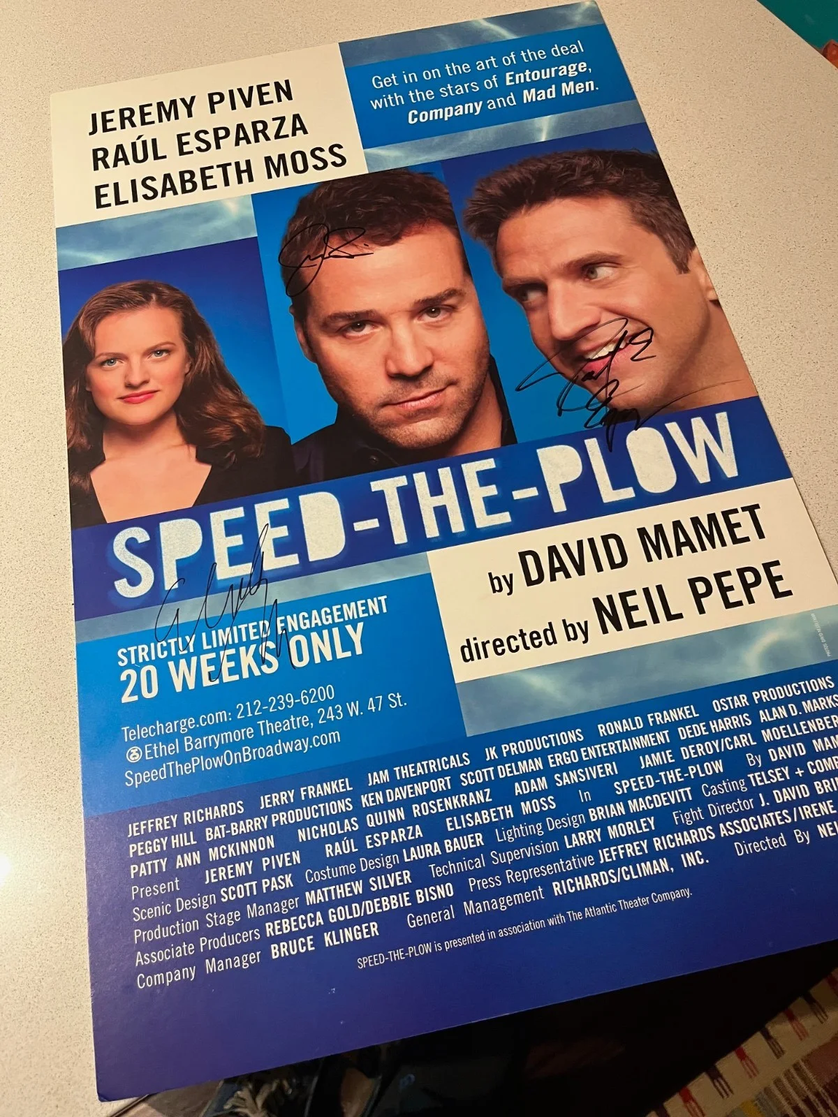 Jeremy Piven, Raul Esparza, Elisabeth Moss — Rare SPEED-THE-PLOW 2008 Broadway - Signed Poster (Piven, Moss, Esparza)