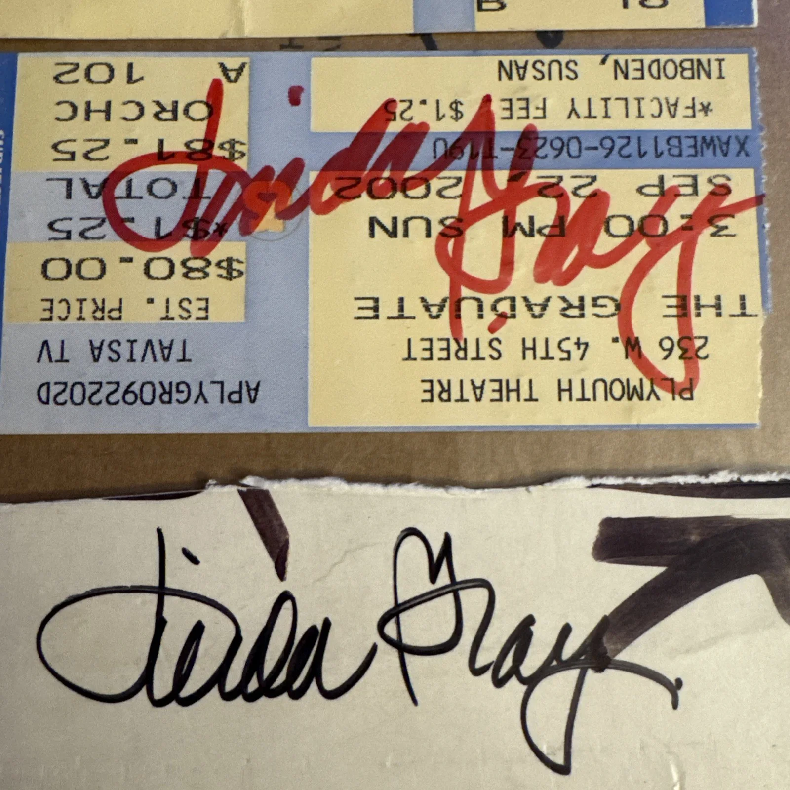 Linda Gray — LINDA GRAY THE GRADUATE Autographed SIGNED Ticket Stub And Cut September 2002, image 2