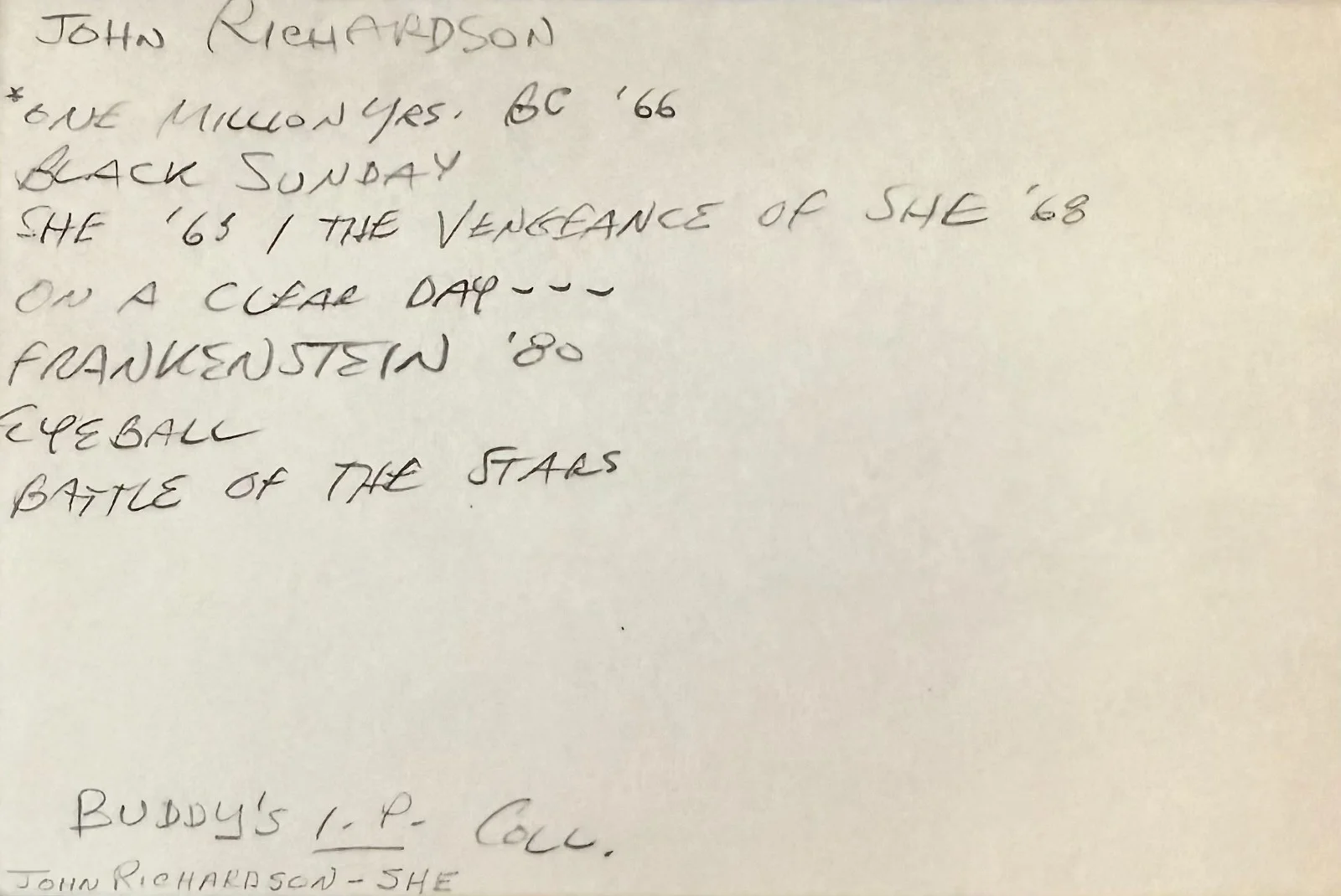 John Richardson — JOHN RICHARDSON Signed Autographed 4"x 6" INDEX CARD One Million Years B.C. SHE, image 2