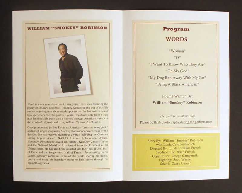 SMOKEY ROBINSON SIGNED in Person *WORDS* Program / Booklet w/ 2 Event Flyers, image 5