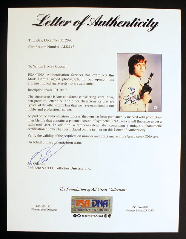 Mark Hamill — *PSA/DNA Letter* MARK HAMILL SIGNED Star Wars Luke Skywalker Photo!, изображение 3