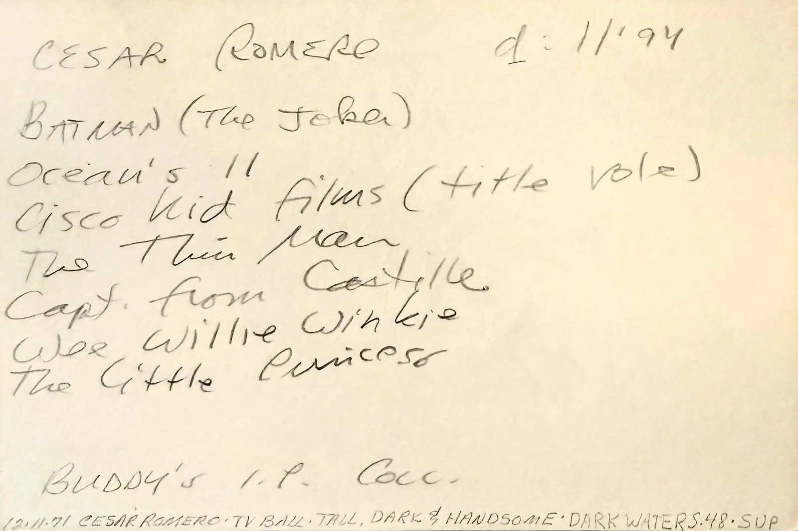 Cesar Romero — CESAR ROMERO Signed Autographed 4x6 INDEX CARD THE JOKER BATMAN Donovan's Reef, image 2