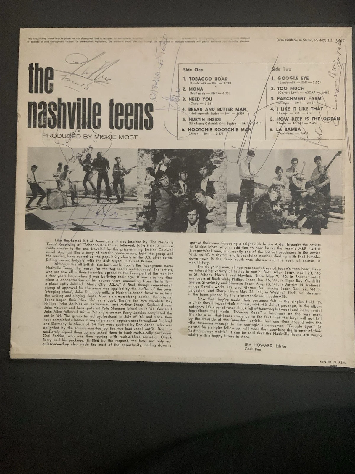 The Nashville Teens Tobacco road signed LP cover, изображение 2