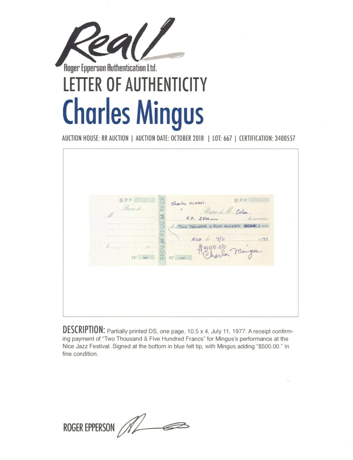 Charles Mingus SIGNED Receipt 10.5"x4" Incl Letter of Auth From R Epperson REAL, изображение 4