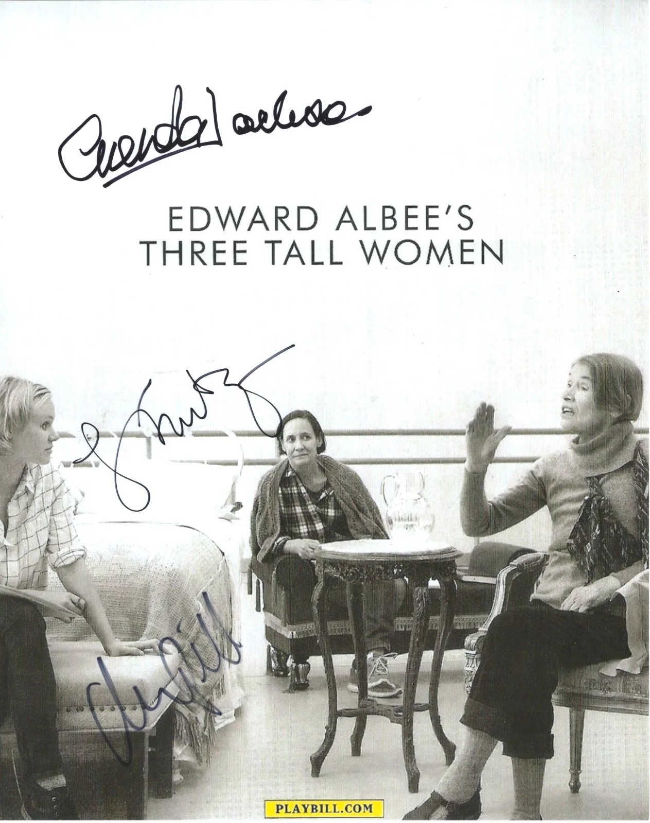 Glenda Jackson, Laurie Metcalf & Alison Pill — Glenda Jackson, Laurie Metcalf & Alison Pill signed Three Tall Women 8X10 photo