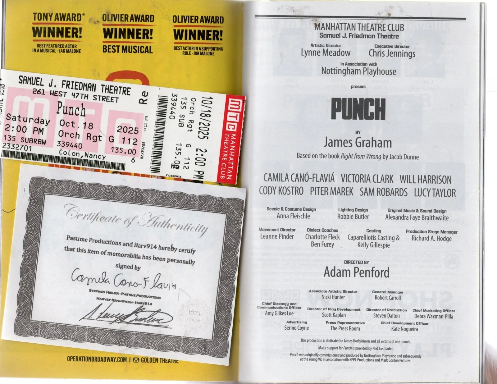 Punch Signed Playbill by CAMILA CANO- FLAVIA Oct 2025 w ticket x, image 2