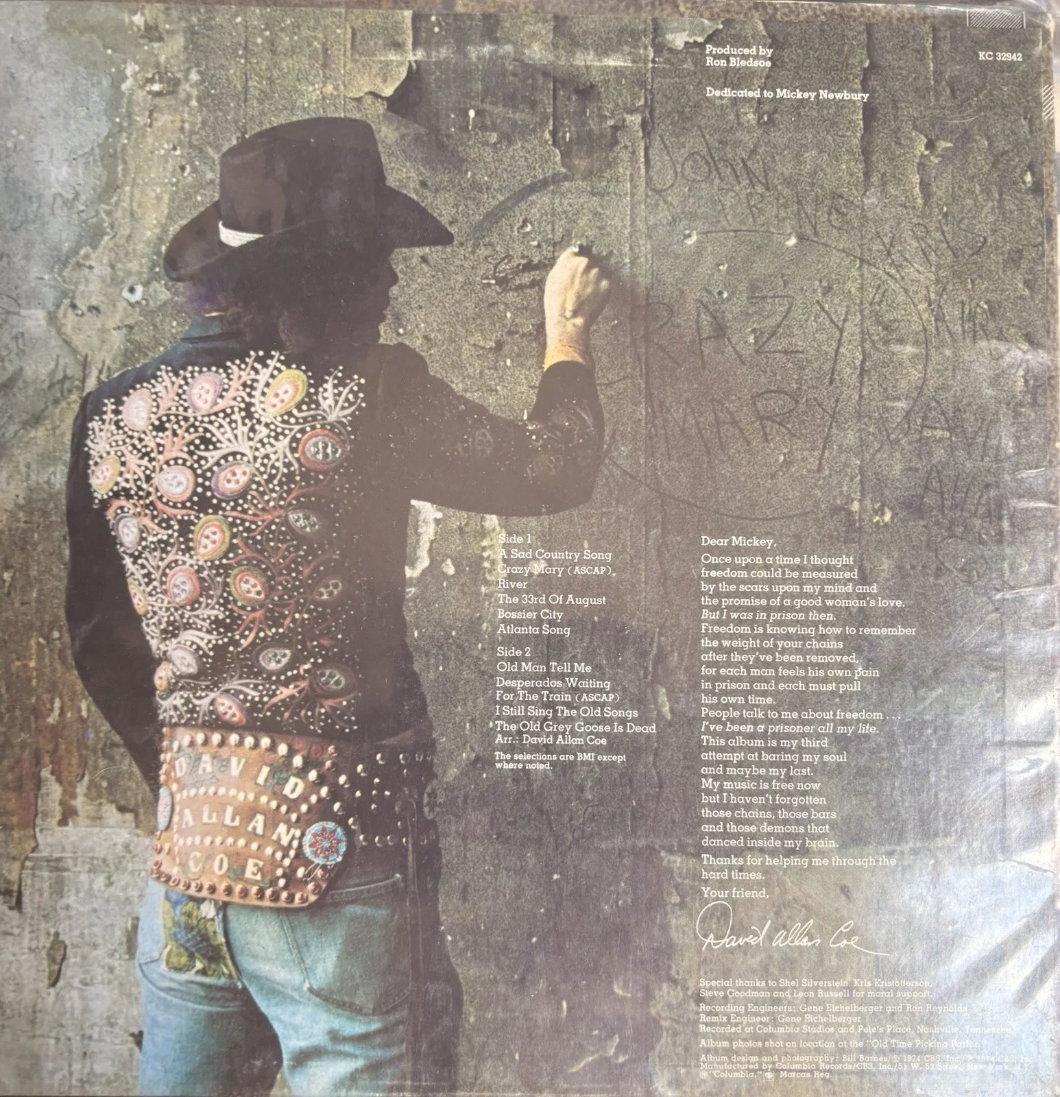 David Allan Coe The Mysterious Rhinestone VG++Signed Record +1 unsigned Vin Rec, image 2
