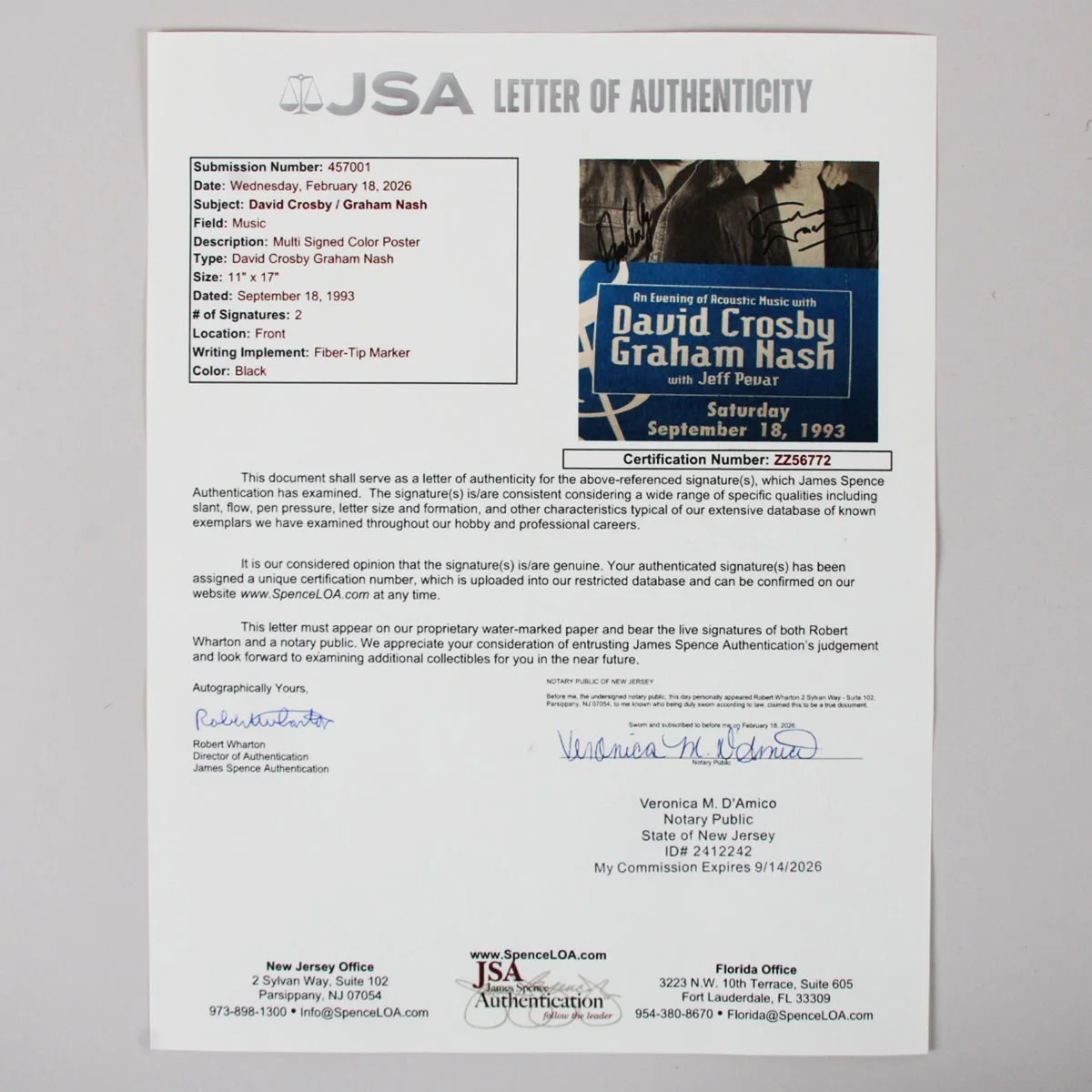 David Crosby & Graham Nash Signed Poster - COA JSA, image 5
