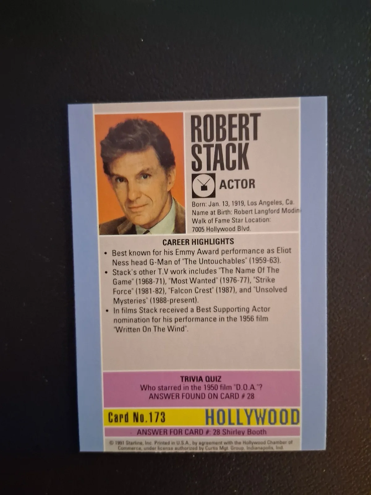 Robert Stack Autographed 1991 Hollywood Starline card #172, image 2