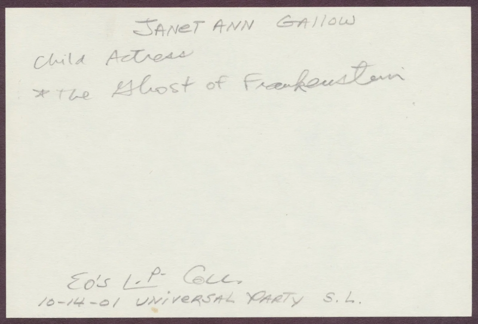 Janet Ann Gallow autograph Ghost of Frankenstein little girl Cloestine, изображение 2