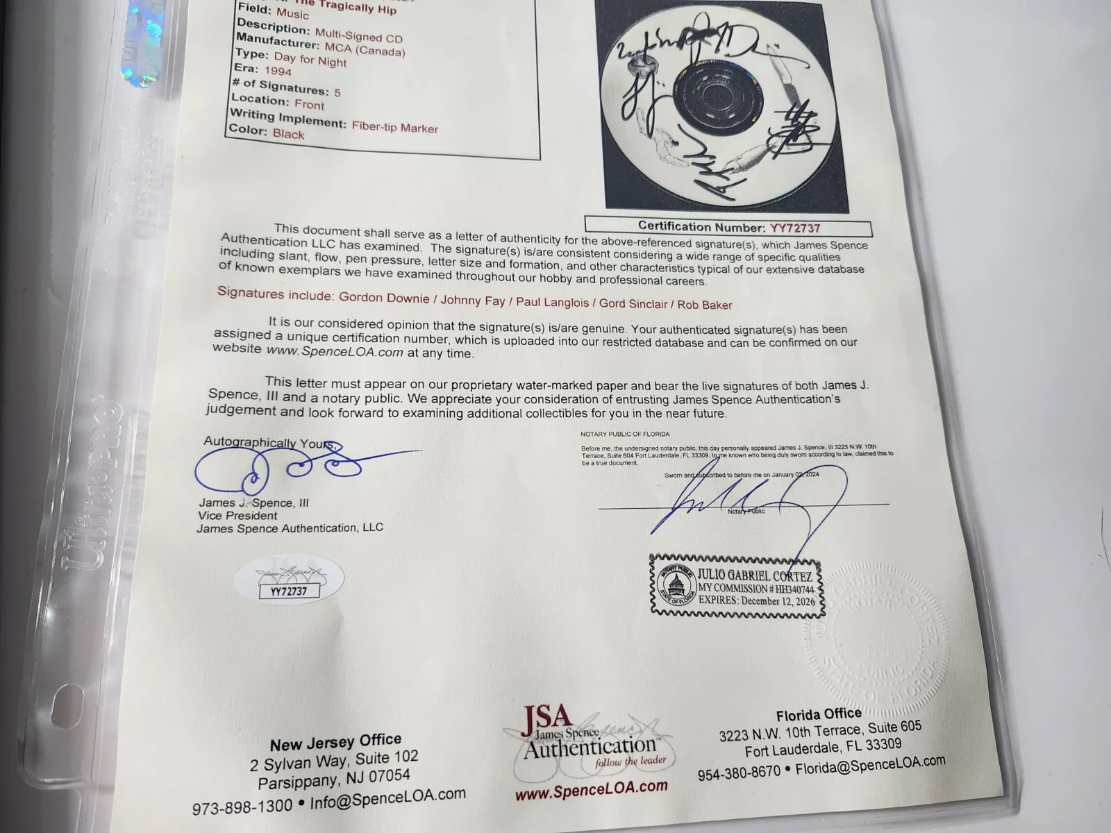 GORD DOWNIE — THE TRAGICALLY HIP JSA SIGNED CD DAY FOR NIGHT COA AUTHENTICATED FRAMED 5 AUTOS, image 5