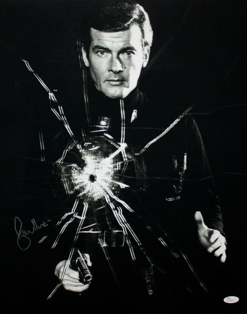 Roger Moore Autographed 16x20 James Bond Shattered Glass - JSA Authenticated, image 4