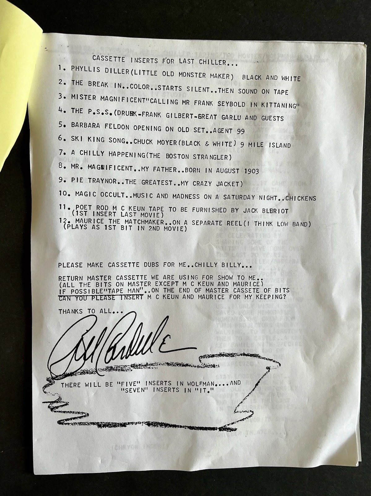 Bill Cardille, Chilly Billy — Chiller Theater Final Episode Script Cue Sheet Double Signed Horror TV Show 1984, image 4