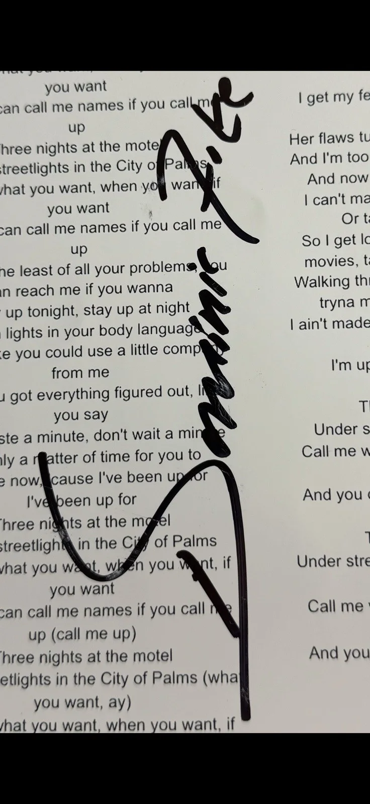 Dominic Fike music euphoria Signed Autographed “3 Nights” Lyric Sheet *PROOF, изображение 2