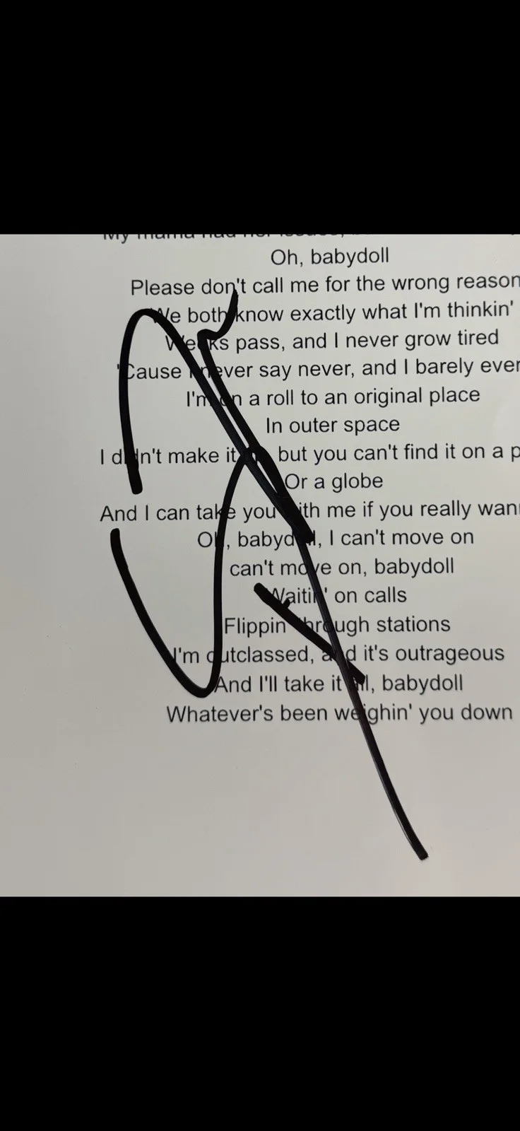 Dominic Fike music euphoria Signed Autographed “Babydoll” Lyric Sheet *PROOF, изображение 2