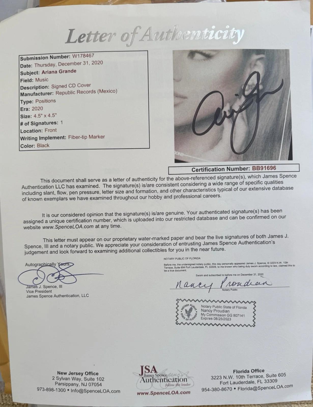 ARIANA GRANDE SIGNED & FRAMED POSITIONS AMAZING CD DISPLAY FULL NAME AUTO JSA, image 5