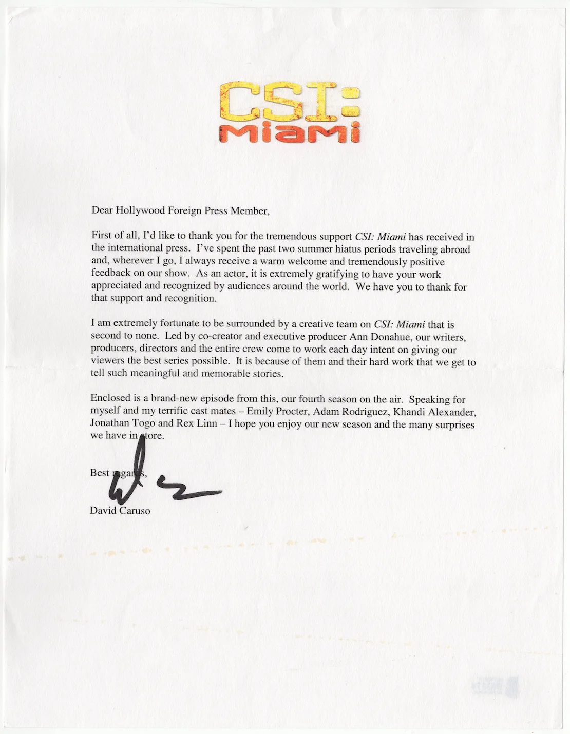 David Caruso — David Caruso CSI Miami Autographed Signed Letter Beckett BAS COA 1917