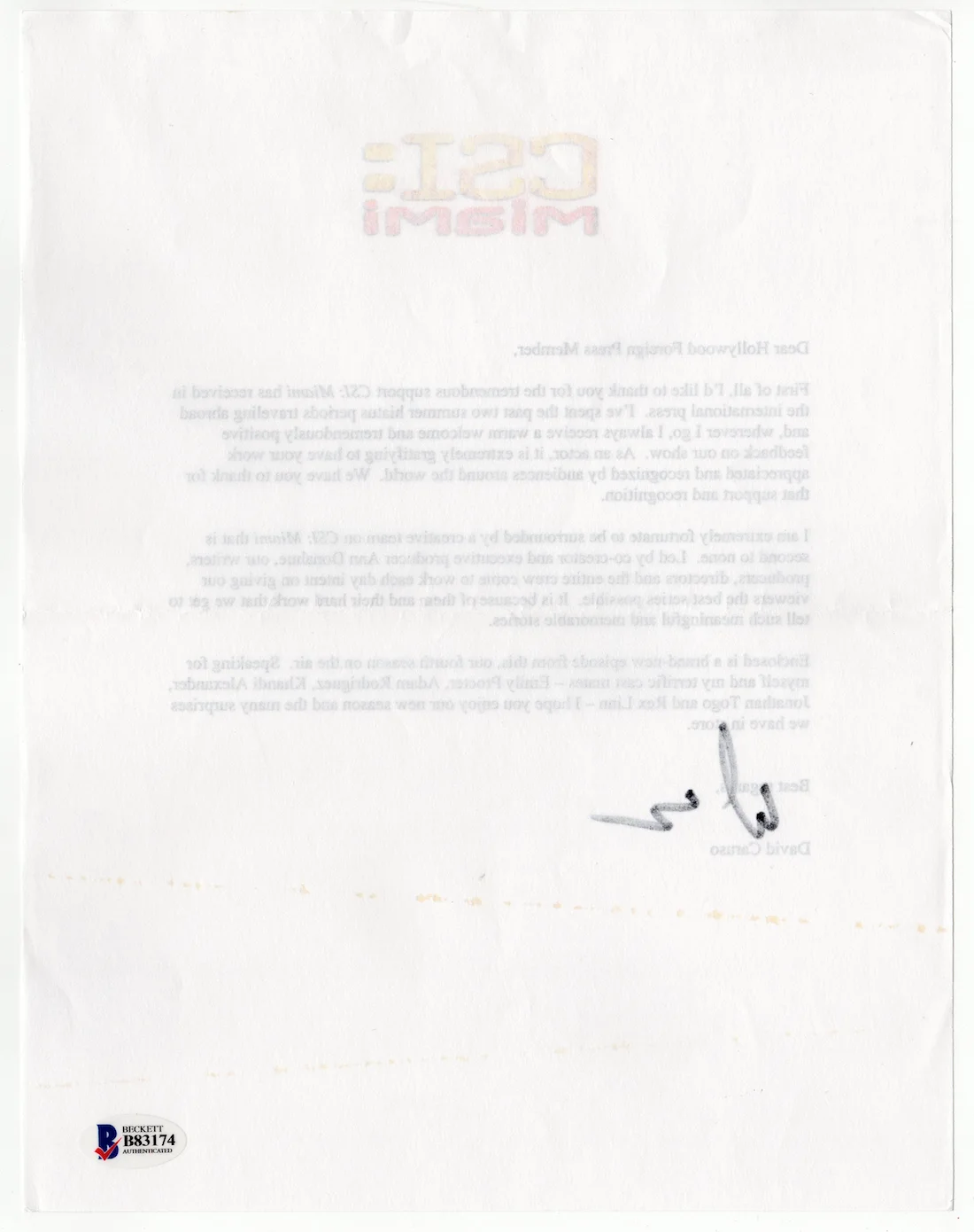 David Caruso — David Caruso CSI Miami Autographed Signed Letter Beckett BAS COA 1917, image 3