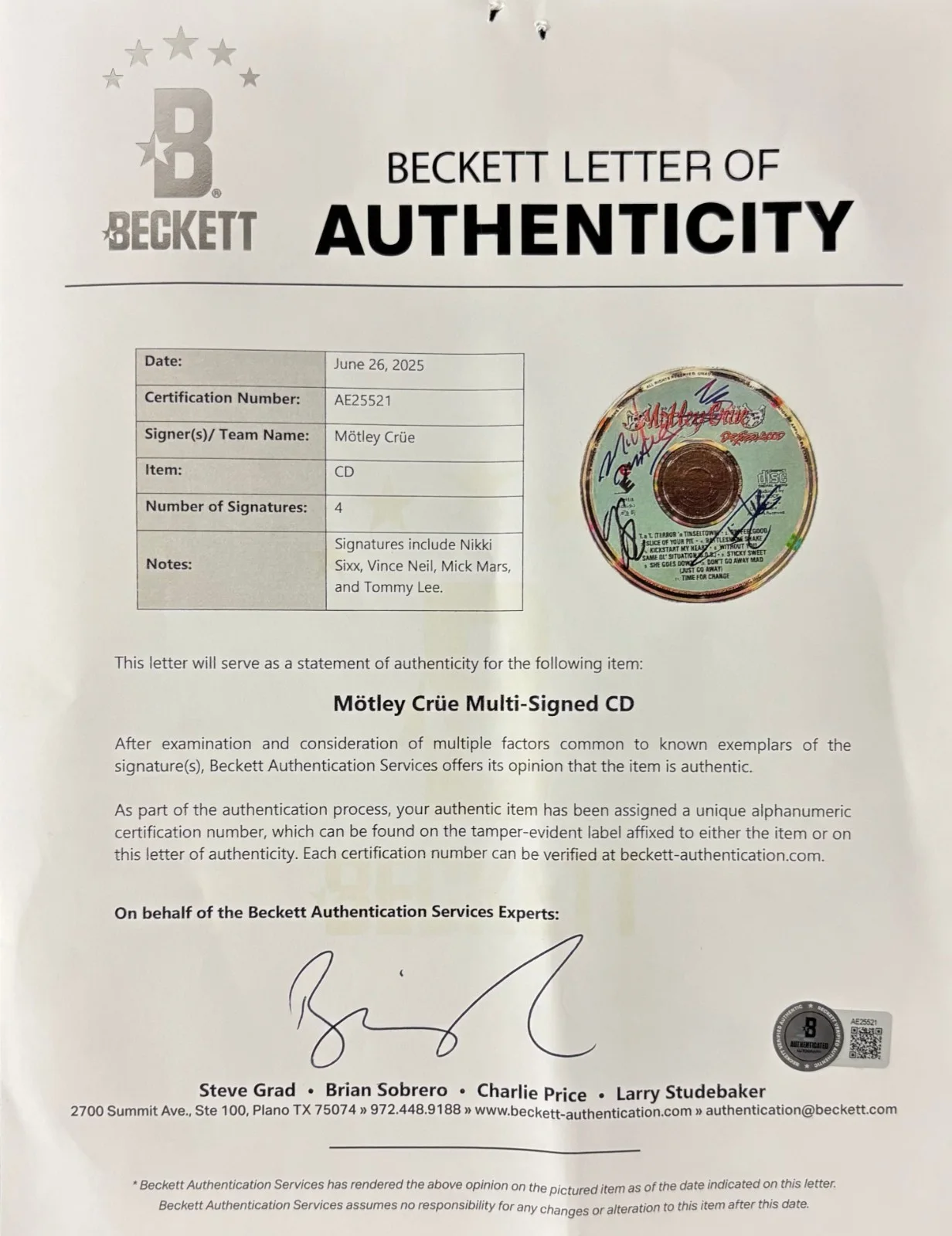 Motley Crue Signed Dr Feelgood CD Neil Mars Lee Sixx Beckett BAS LOA, изображение 2