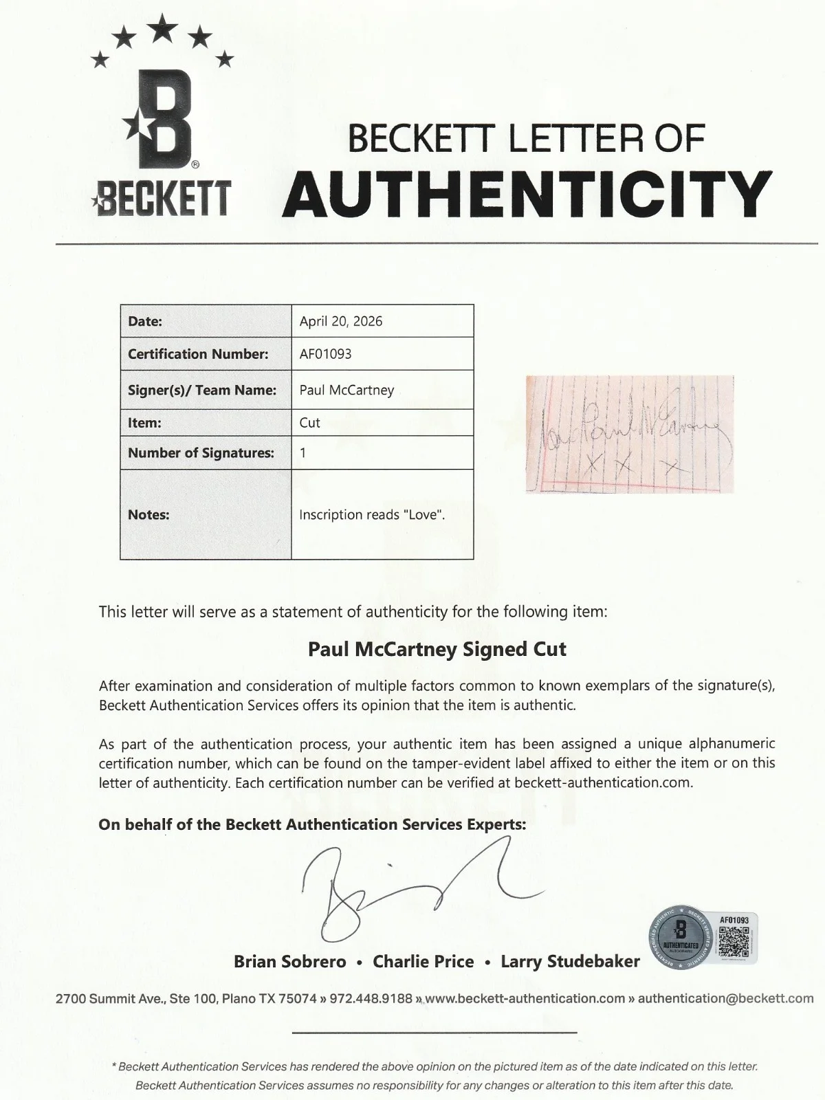 Paul McCartney Signed 2.5x4 Beatles Era c. 1969 Album Page Beckett BAS LOA, изображение 2