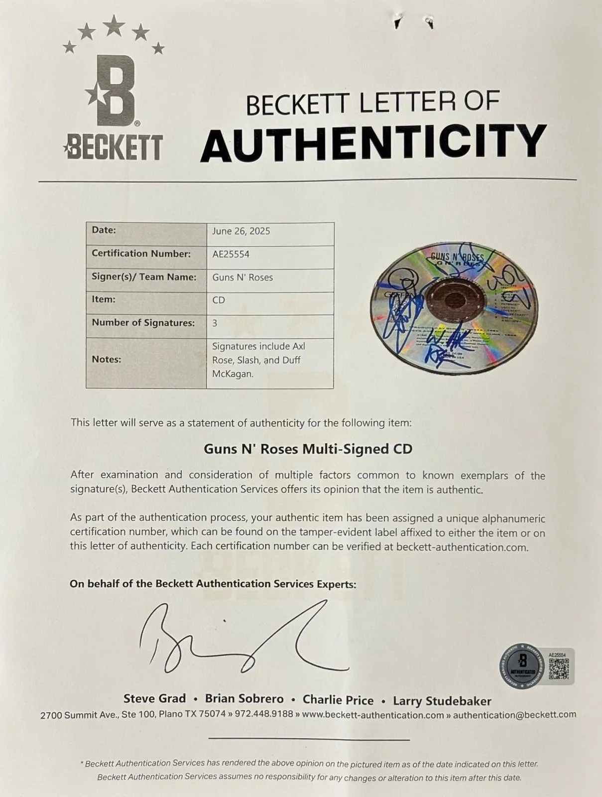 Guns N Roses Signed CD Axl Slash McKagan GNR Beckett BAS LOA, изображение 2