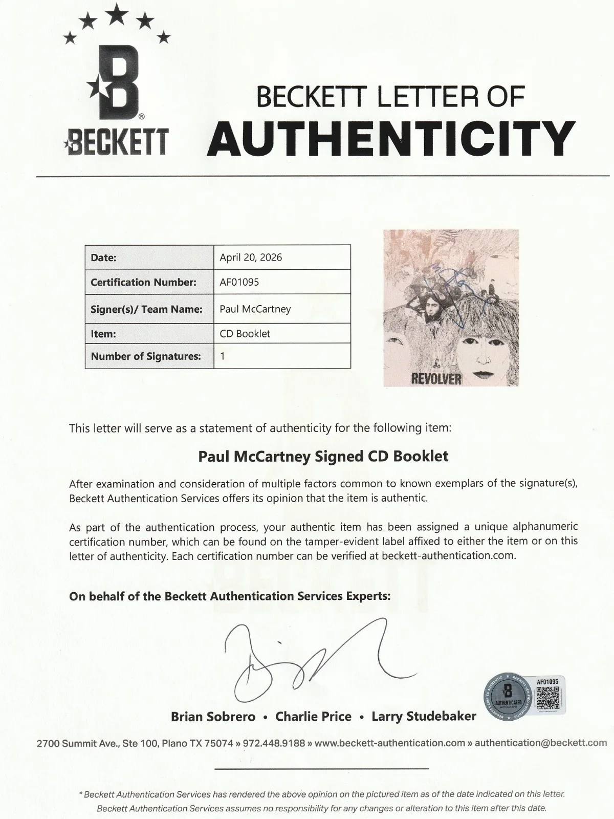 Paul McCartney Signed The Beatles Revolver CD Booklet Beckett BAS LOA, изображение 2