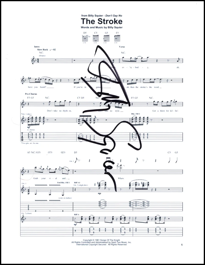 Billy Squier — Billy Squier Signed Autograph The Stroke Sheet Music - Don't Say No Rockstar