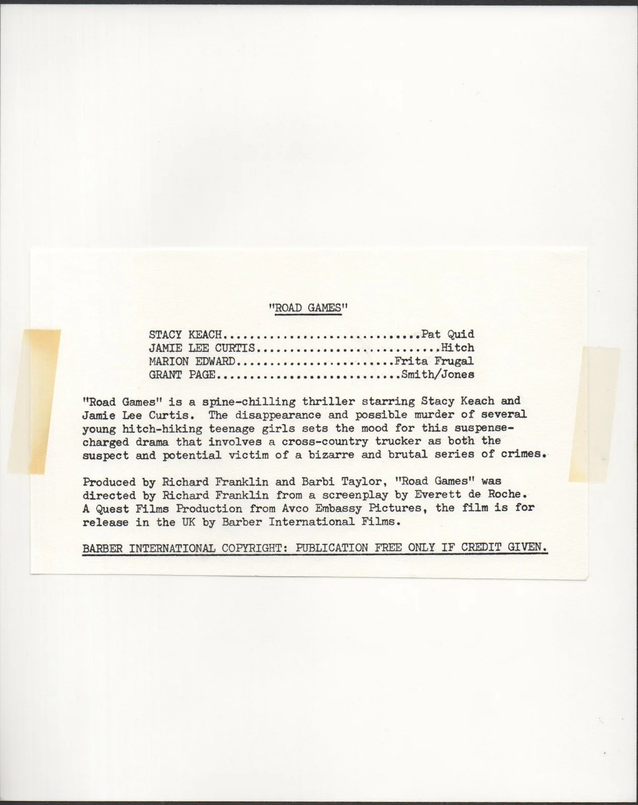 ROAD GAMES 1981 Richard Franklin, Stacy Keach, Jamie Lee Curtis 3 10x8 STILLS, image 2