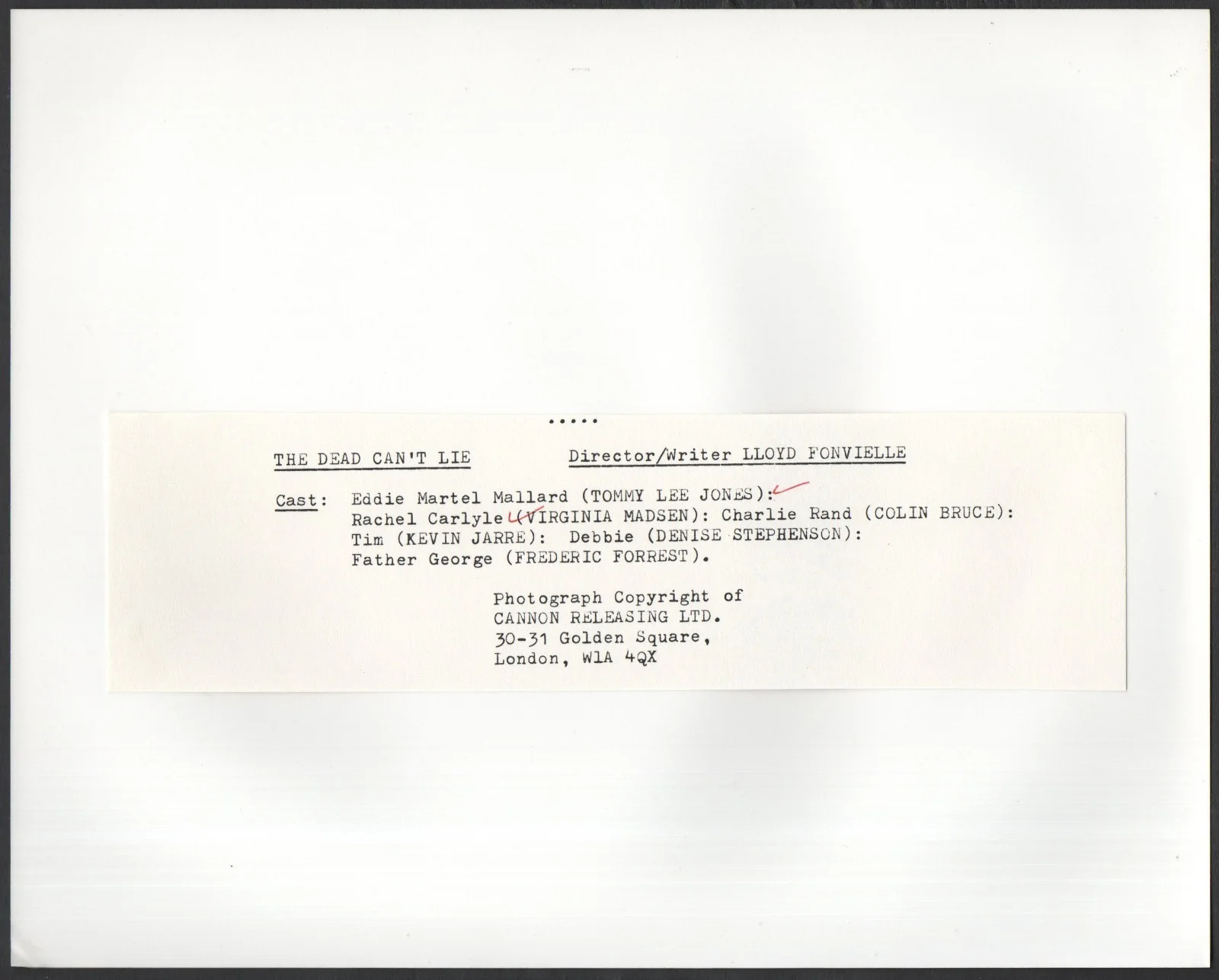 DEAD CAN’T LIE 1988 Tommy Lee Jones, Virginia Madsen 2 10x8 STILLS, изображение 2