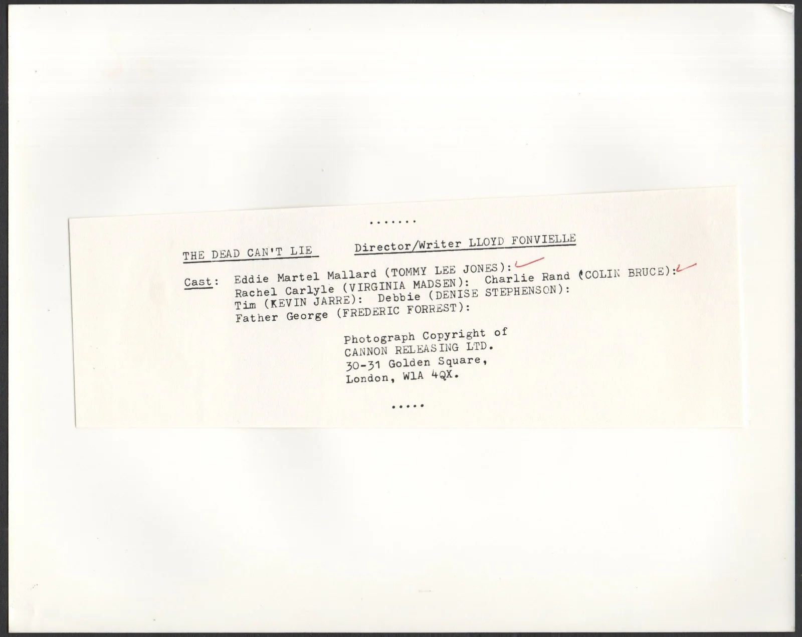 DEAD CAN’T LIE 1988 Tommy Lee Jones, Virginia Madsen 2 10x8 STILLS, изображение 4
