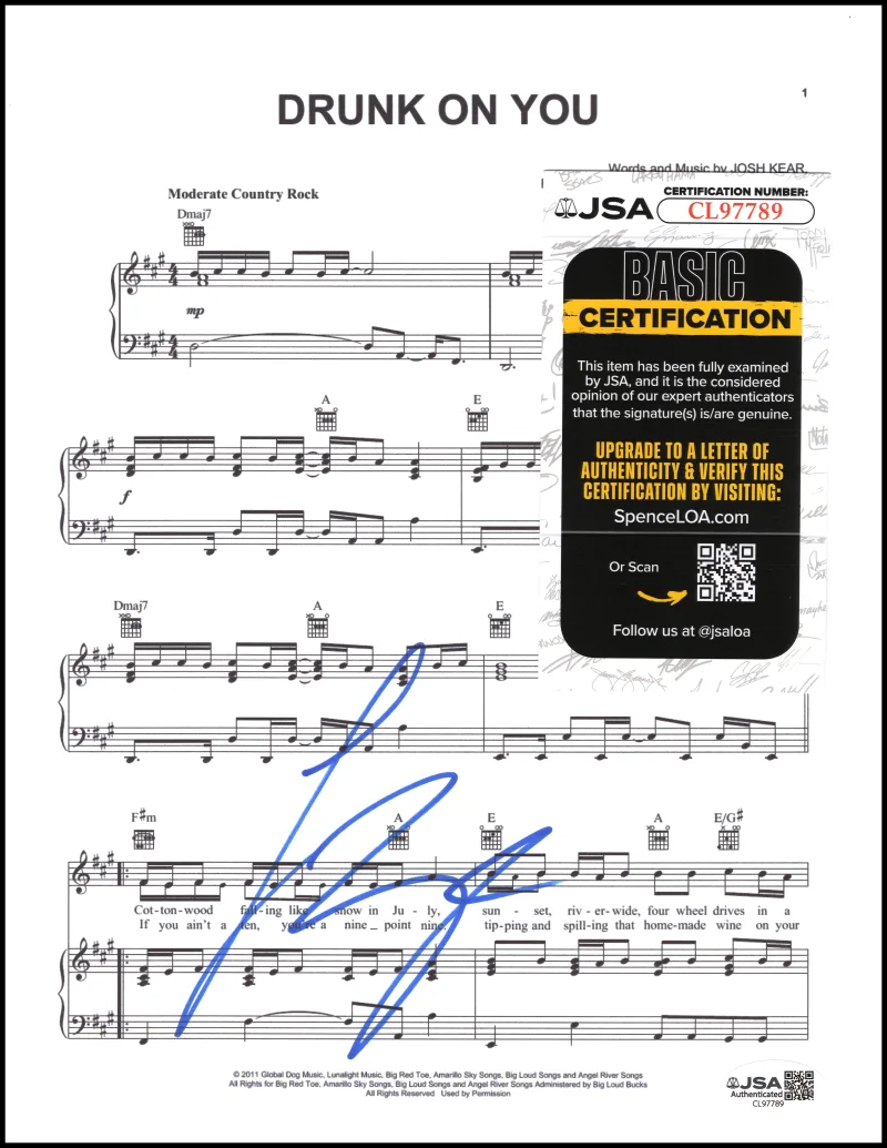 Luke Bryan — Luke Bryan Signed Autograph Drunk On You Sheet Music Tailgates Tanlines JSA COA, image 2