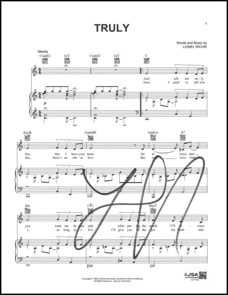 Lionel Richie — Lionel Richie Signed Autograph Truly Sheet Music - First #1 Solo Hit w/ JSA COA