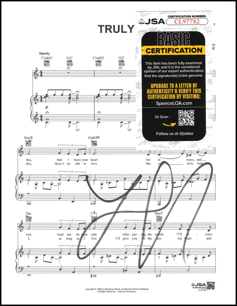 Lionel Richie — Lionel Richie Signed Autograph Truly Sheet Music - First #1 Solo Hit w/ JSA COA, изображение 2