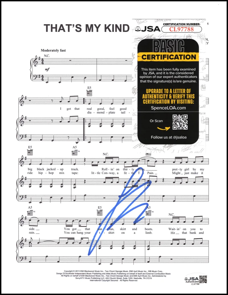 Luke Bryan — Luke Bryan Signed Autograph That's My Kind of Night Sheet Music w/ JSA COA, image 2