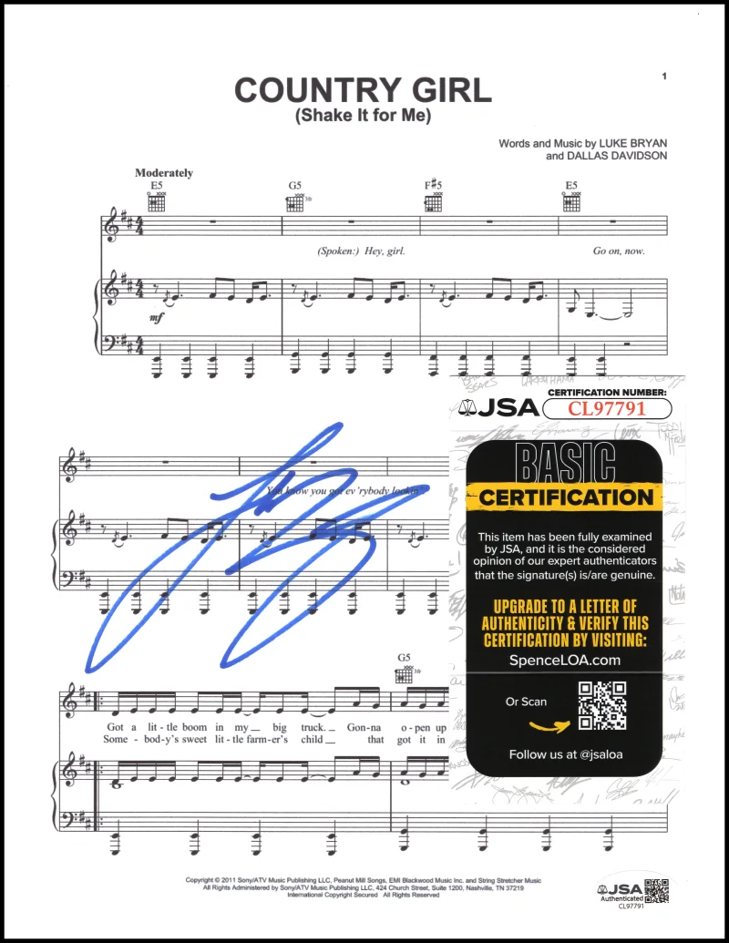 Luke Bryan — Luke Bryan Signed Autograph Country Girl Shake It for Me Sheet Music w/ JSA COA, image 2