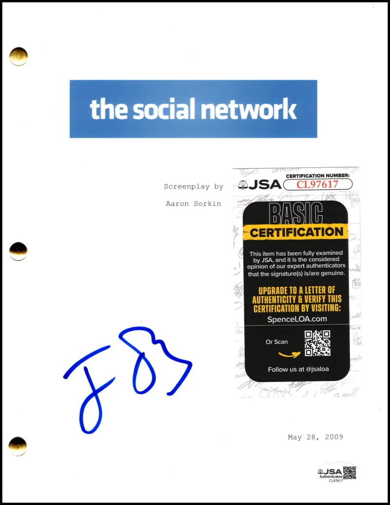 Jesse Eisenberg — Jesse Eisenberg Signed Autograph The Social Network Script Screenplay w/ JSA COA, image 2