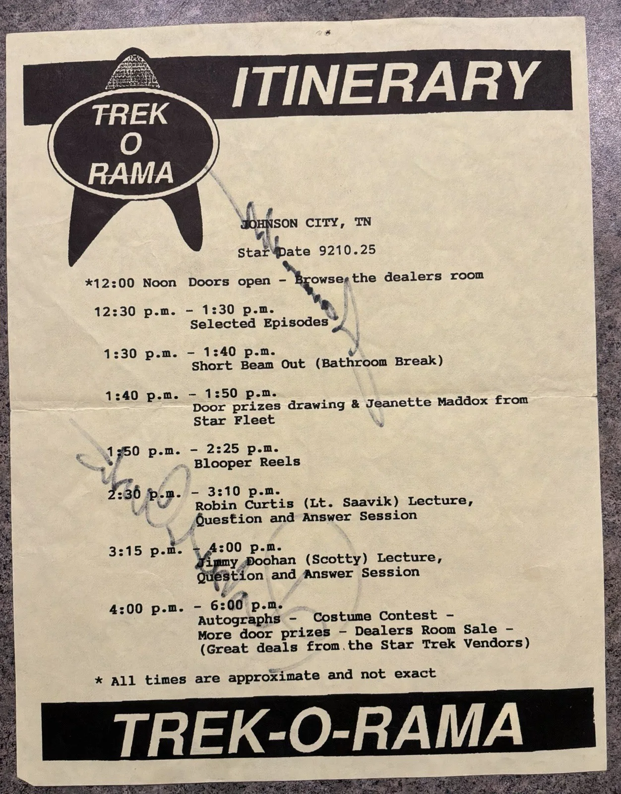 James Doohan & Robin Curtis Signed Star Trek Convention Itinerary JSA Cert, image 2