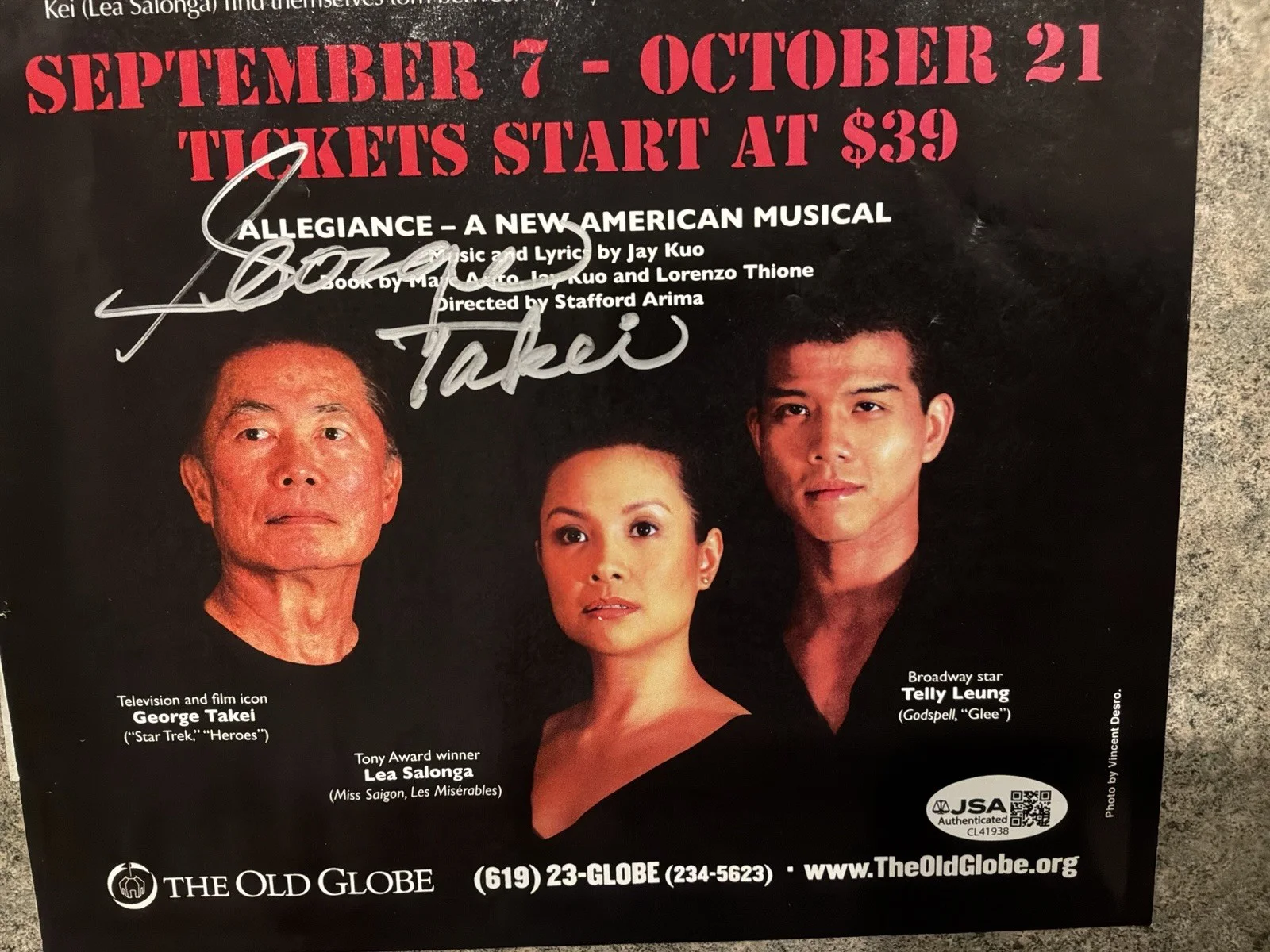 George Takei Signed Playbill Sheet “Allegiance” JSA Authenticated 8x11, image 2