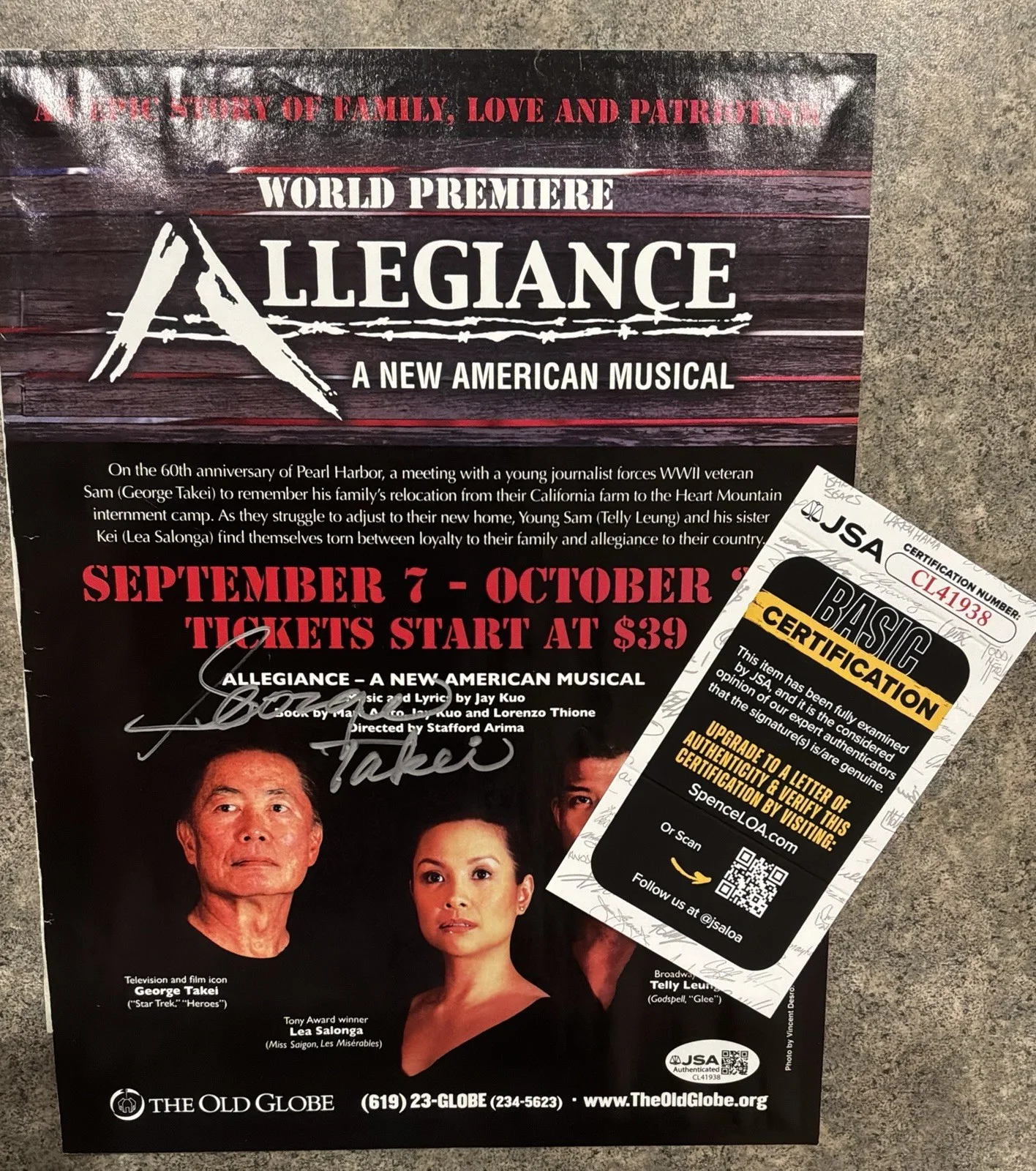 George Takei Signed Playbill Sheet “Allegiance” JSA Authenticated 8x11, image 3