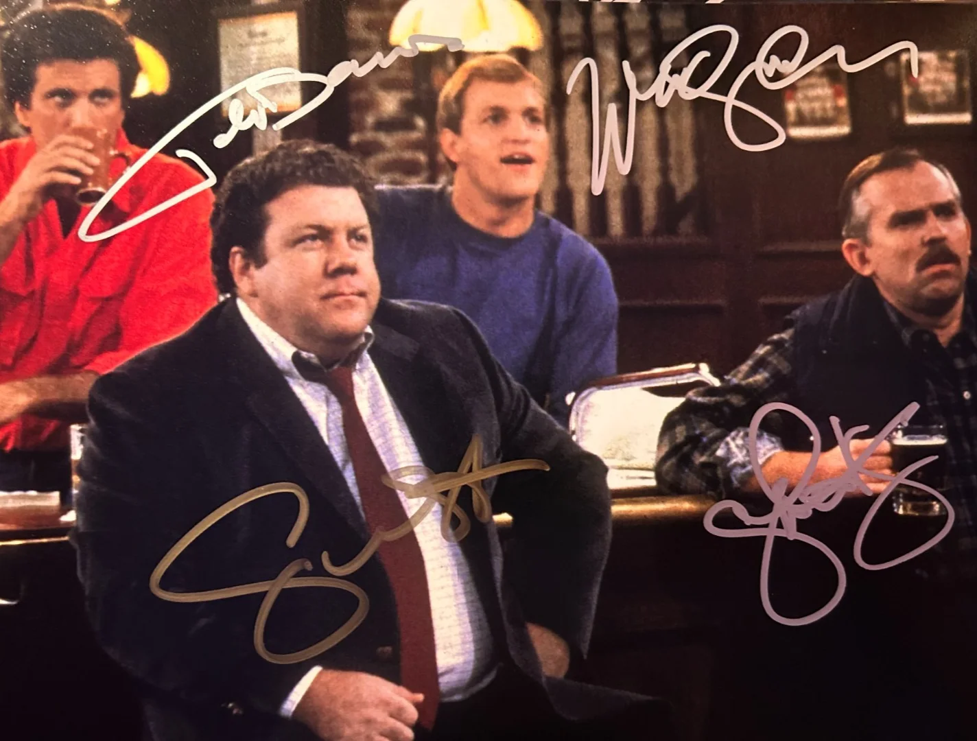 Ted Danson, Woody Harrelson, George Wendt, John Ratzenberger — CHEERS CAST Signed 8x10 Ted Danson, Woody, Norm, Cliff Authentic Autograph w/COA, image 3