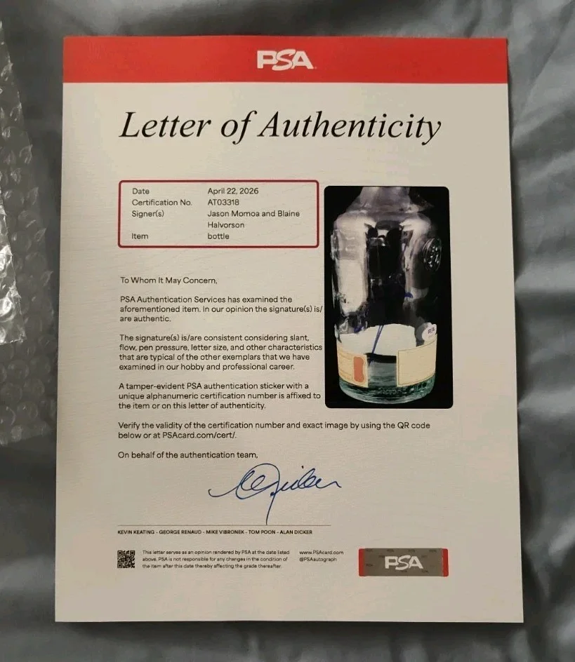 Jason Momoa, Blaine Halvorson — JASON MOMOA Signed Empty MEILI VODKA BOTTLE Aquaman PSA Certified Certificate, image 3