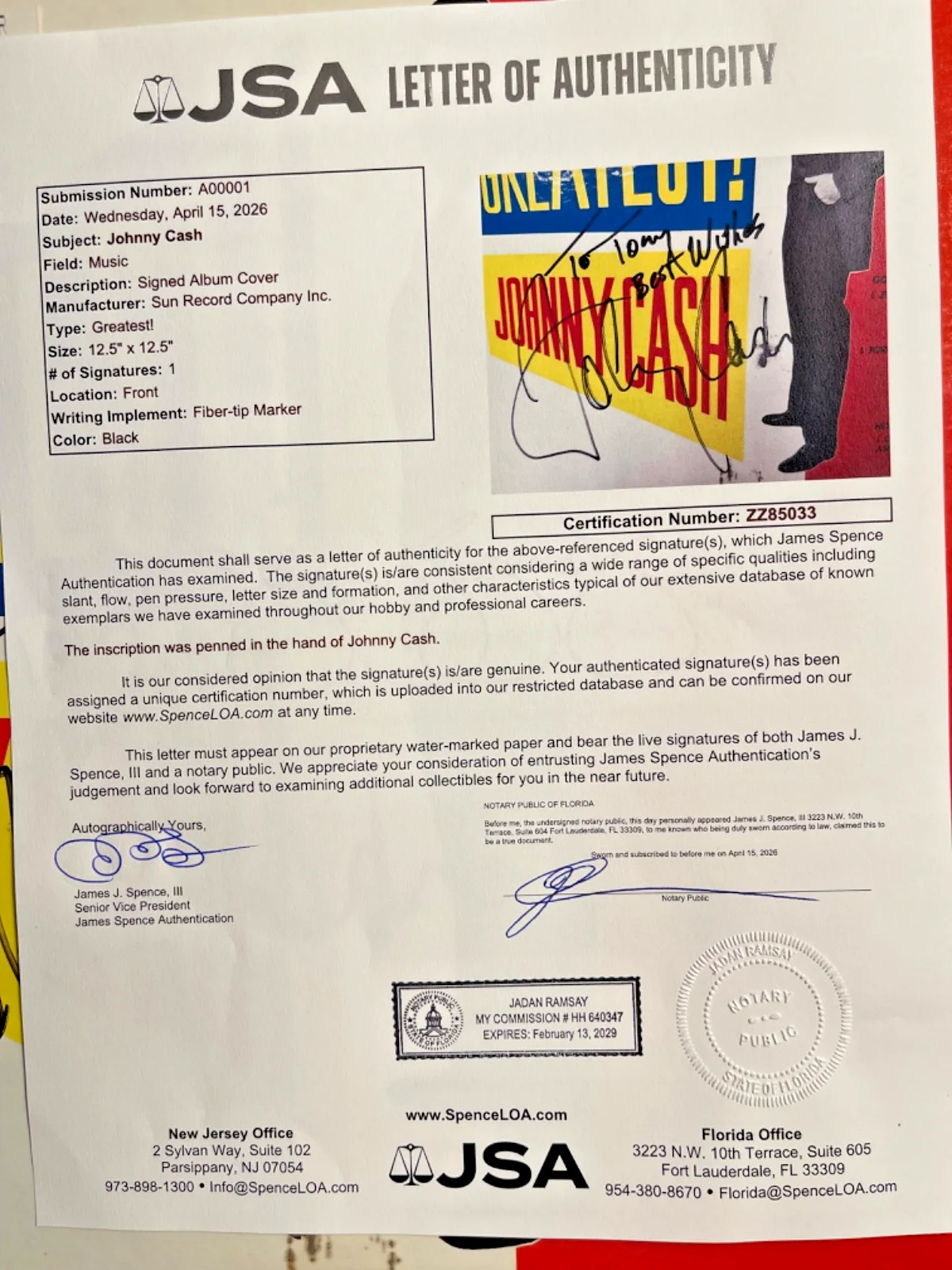 Johnny Cash Greatest Signed Album 1959 Sun Records + 1994 Concert Ticket JSA LOA, изображение 2