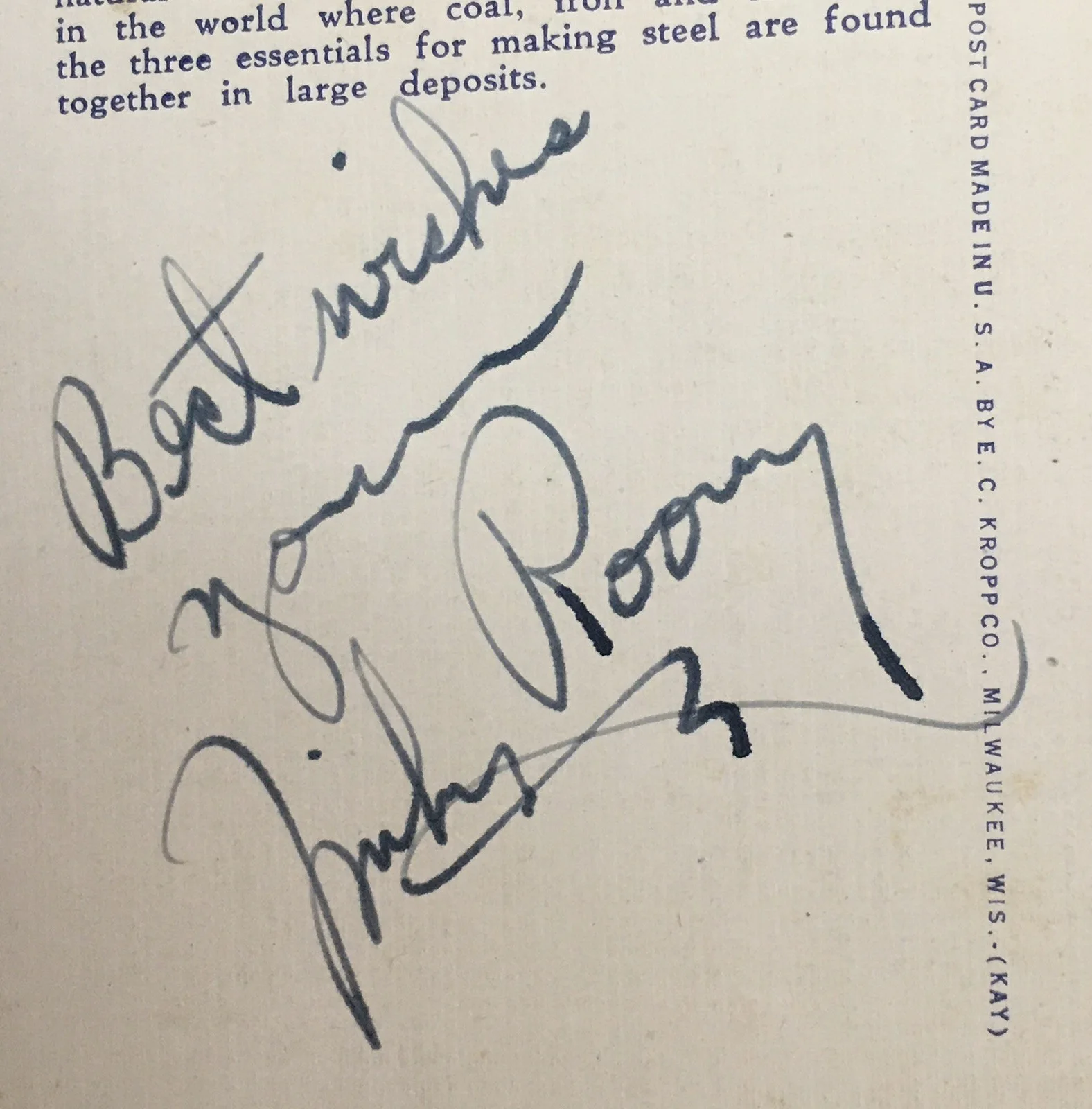 Mickey Rooney — 1940s MICKEY ROONEY Autographed Hand Signed Vulcan Iron Man Statue Postcard, image 3
