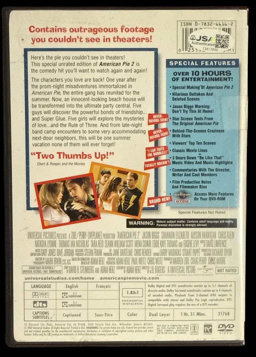 Jason Biggs — Jason Biggs Signed AMERICAN PIE 2 Collectors Edition Widescreen DVD COA JSA JD, изображение 3