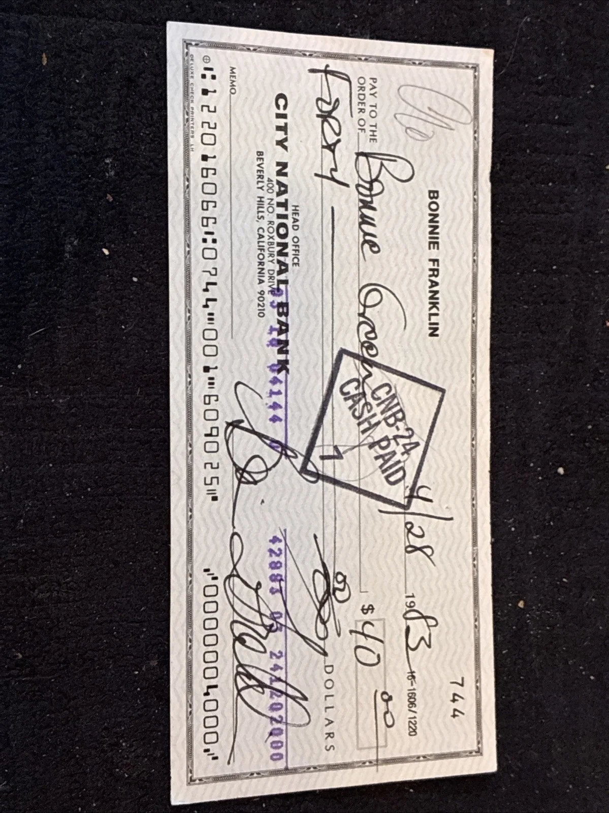 Bonnie Franklin — Bonnie Franklin signed cancelled check~TV Series One Day at a Time~4/28/83