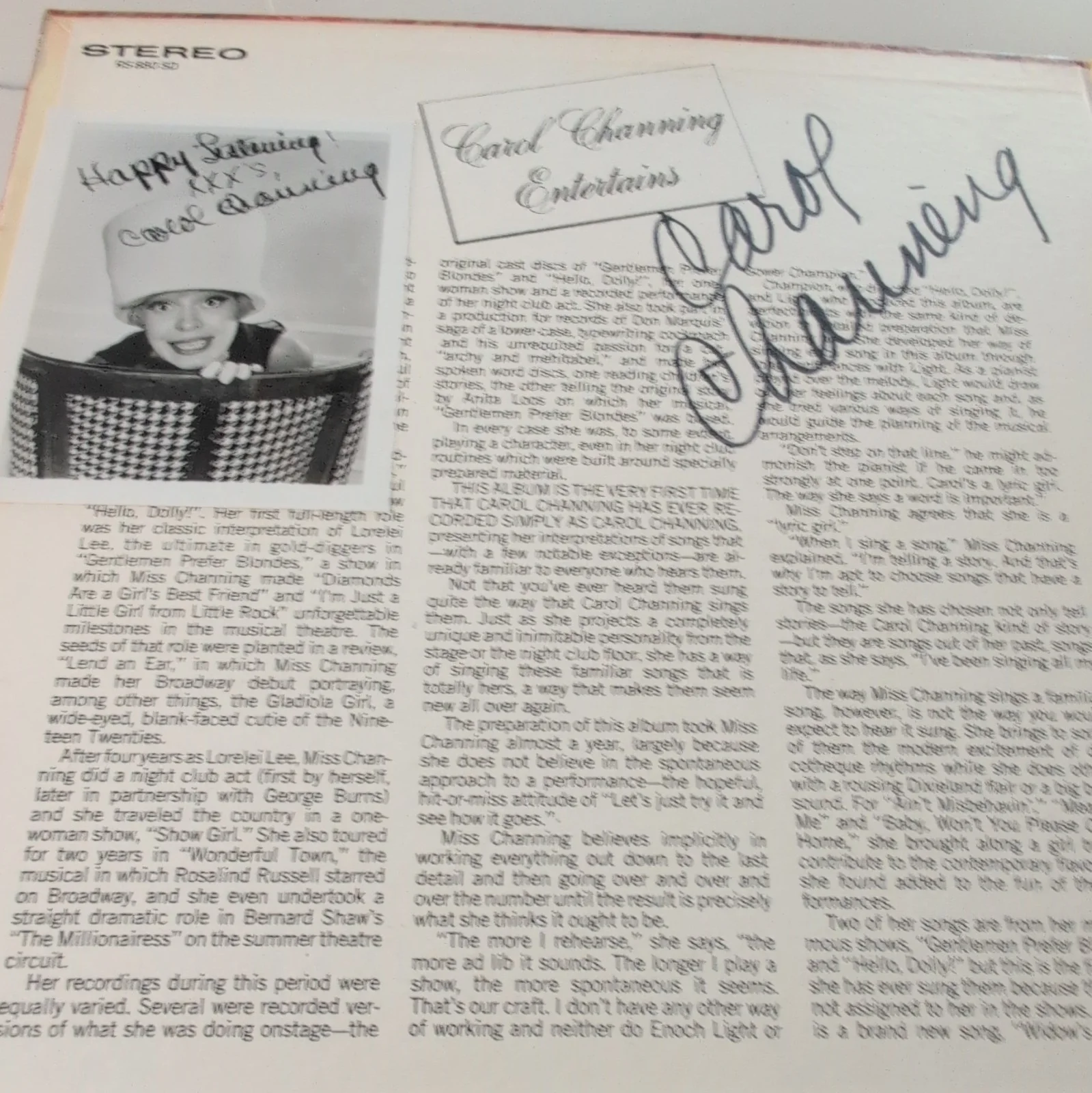 Carol Channing Entertains Vinyl LP Command Records Autographed Signed Cover, image 2